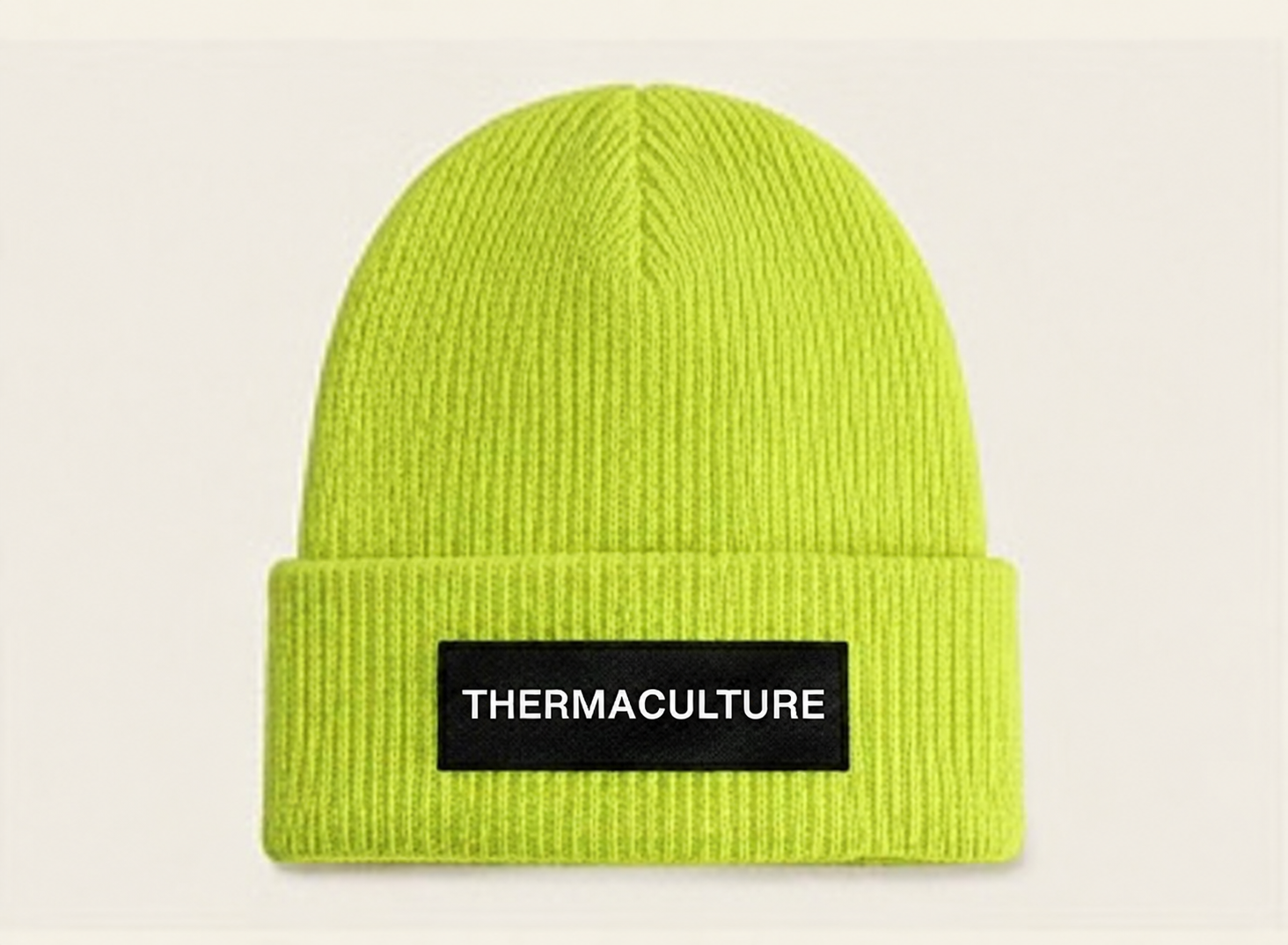 Thermaculture Highlighter Beanie with Helvetica wordmark